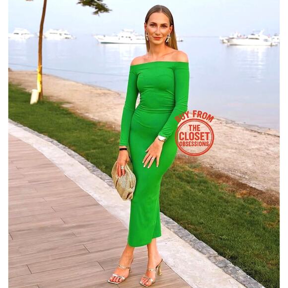 RARE!!! ZARA BLOGGER FAVE!!! Off-Shoulder Fitted Midi Dress NWT 💚 - Picture 11 of 16